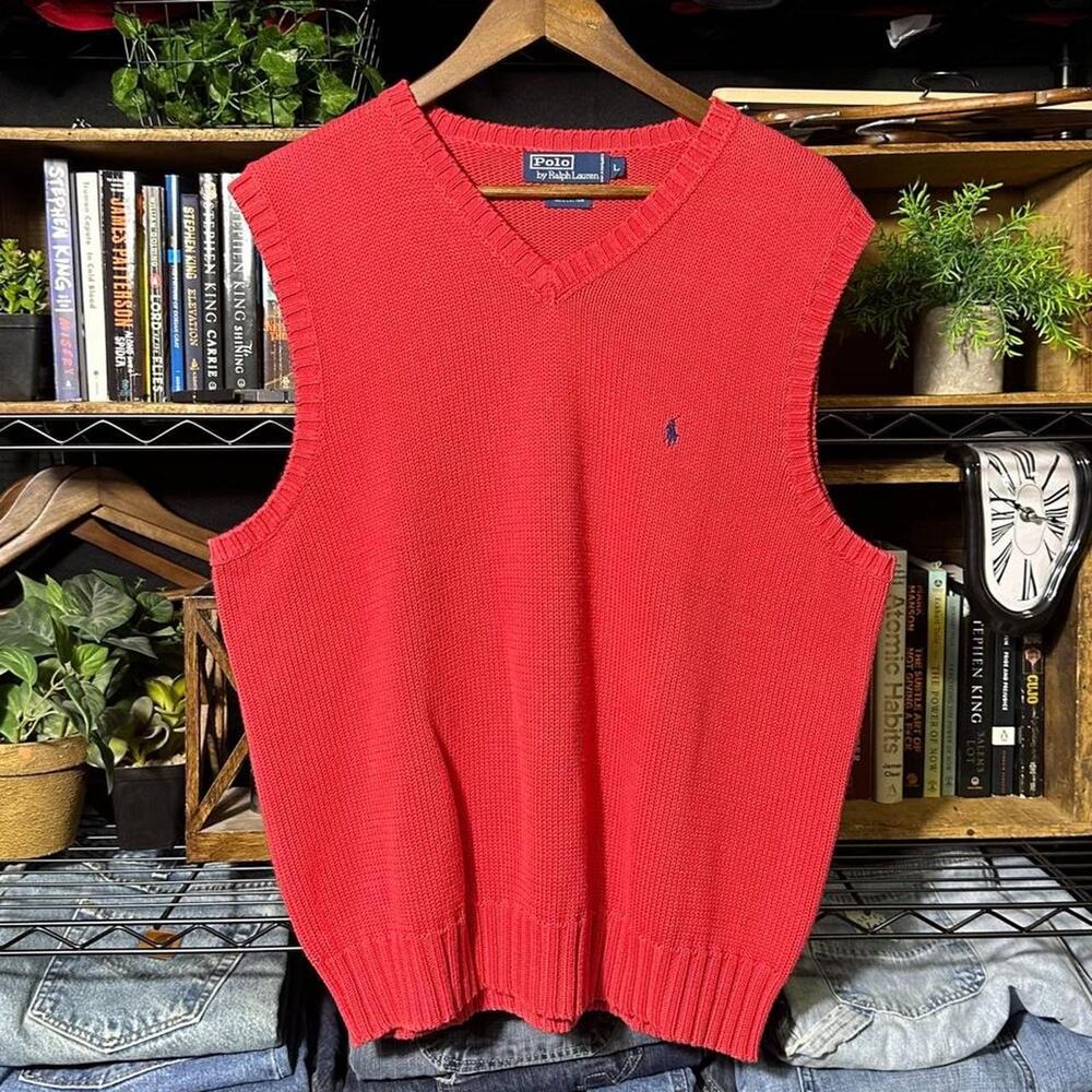 Vintage Polo Ralph Lauren Red Sweater Large Vest Knit Classic Preppy Pullover